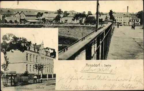 Ak Arnsdorf Sachsen, Schule, Ansicht von der Brücke aus