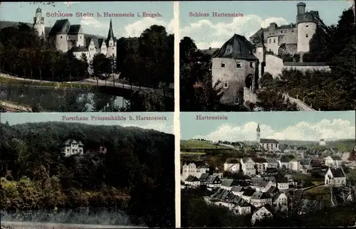 Ak Stein Hartenstein im Erzgebirge Sachsen, Schloss, Forsthaus Prinzenhöhle, Blick auf den Ort