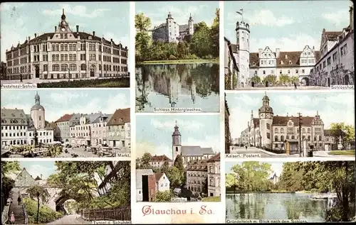 Ak Glauchau in Sachsen, Schlosshof, Pestalozzi Schule, Markt, Postamt, Gründelteich, Schulstraße