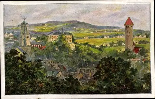 Künstler Ak Auerbach im Vogtland, Blick auf den Ort am Sommerabend