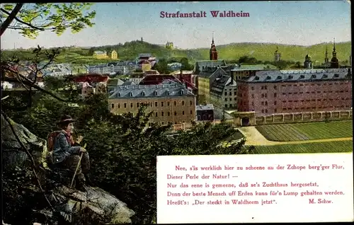 Ak Waldheim in Sachsen, Blick zur Strafanstalt, Wanderer