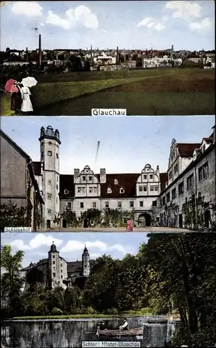 Ak Glauchau in Sachsen, Schloss Hinter Glauchau, Blick auf den Ort, Schlosshof