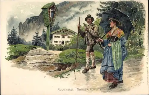 Künstler Litho Bergen, Fritz, Bad Reichenhall in Oberbayern, Nonner Tracht, Jäger, Frau