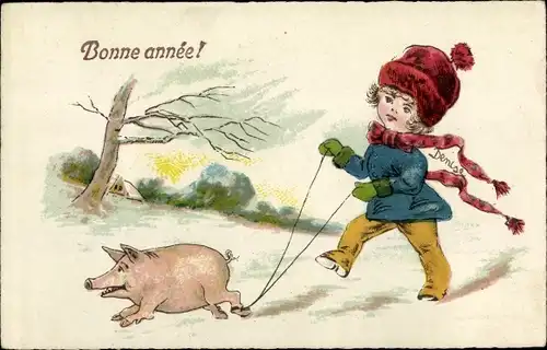 Ak Glückwunsch Neujahr, Mädchen mit Schwein an der Leine