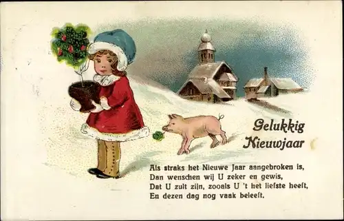 Ak Glückwunsch Neujahr, Mädchen und Schwein in Winterlandschaft, Kleeblätter