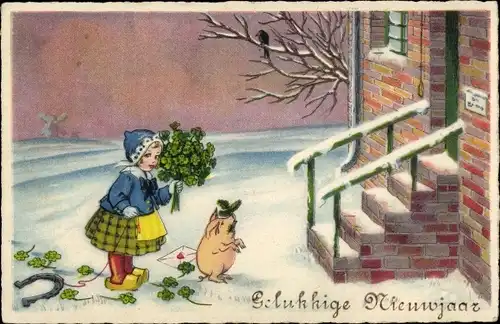 Ak Glückwunsch Neujahr, Mädchen mit Holzschuhen, Kleeblätter, Hufeisen, Schwein
