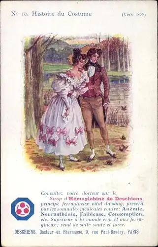 Ak Historie du Costume, Vers 1828, Sirop d'Hemoglobine de Deschiens, Werbung