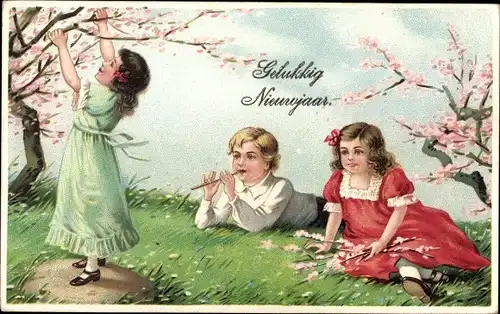 Ak Glückwunsch Neujahr, Kinder, Bäume, Flöte