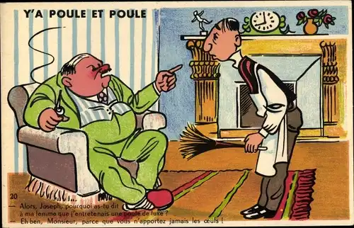 Ak Y'a Poule et Poule, Rauchender unzufriedener Mann und sein Butler