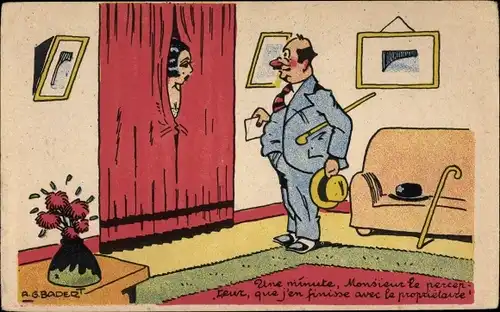 Künstler Ak Badert, R.G., Frau hinter dem Vorhang, Umziehen, Ehemann mit Hut und Gehstock