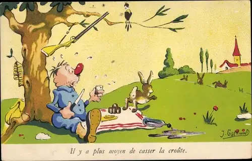 Künstler Ak Mann macht Picnknick, Kuchen, Flasche, Waffe, Baum, Hase
