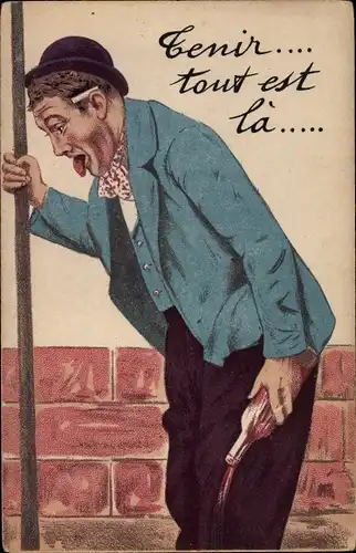 Ak Betrunkener Mann an der Straßenlampe