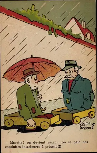 Künstler Ak Prevost, R., Zwei Männer im Spielzeug-Autos, Regenschirm, Regnerisches Wetter