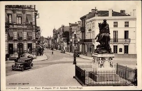 Ak Cognac Charente, Place Francois Ier et Avenue Victor Hugo, Auto, Denkmal