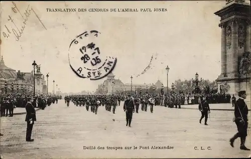 Ak Paris I Louvre, Translation des Cendres de l'Amiral Paul Jones, Defille Troupes, Pont Alexandre