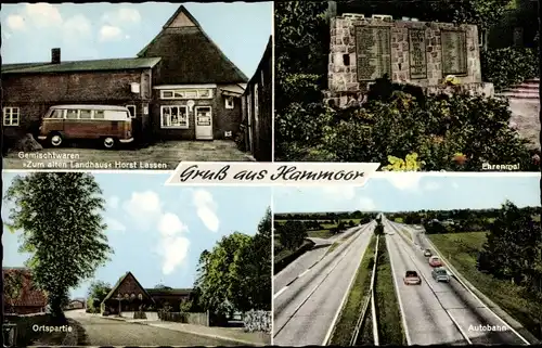 Ak Hammoor Holstein, Autobahn, Ehrenmal, Gemischtwarenladen Zum alten Landhaus, Inh. Horst Lassen