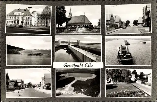 Ak Geesthacht an der Elbe, Schleuse, Kirche, Schleppzug auf der Elbe, Fliegeraufnahme