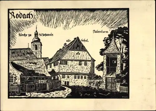 Künstler Ak Bad Rodach Oberfranken, St. Johanniskirche, alte Schule, Pulverturm, Heimatfestspiel