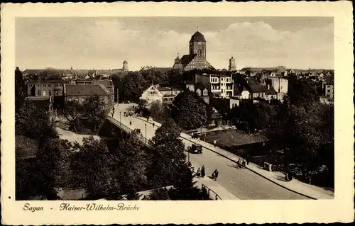 Ak Żagań Sagan Schlesien, Blick zur Kaiser Wilhelm Brücke, Panorama