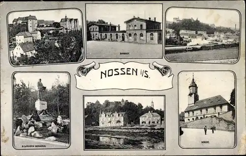 Ak Nossen in Sachsen, Bahnhof, Teilansicht, Bismarckdenkmal, Kirche, Schloss