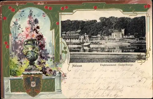 Präge Wappen Litho Meißen in Sachsen, Blick zur Geipelburg