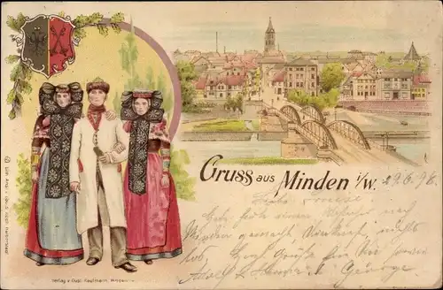 Litho Minden in Westfalen, Stadtpanorama, Wappen, Trachten