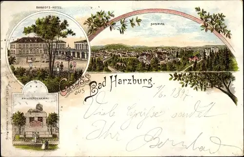 Litho Bad Harzburg am Harz, Bahnhofshotel, Kriegerdenkmal, Gesamtansicht