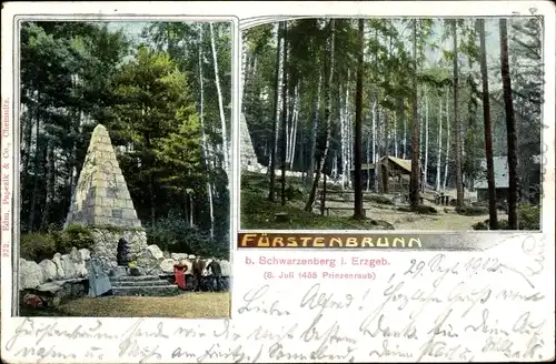 Ak Waschleithe Grünhain Beierfeld im Erzgebirge, Köhlerhütte Fürstenbrunn, Denkmal