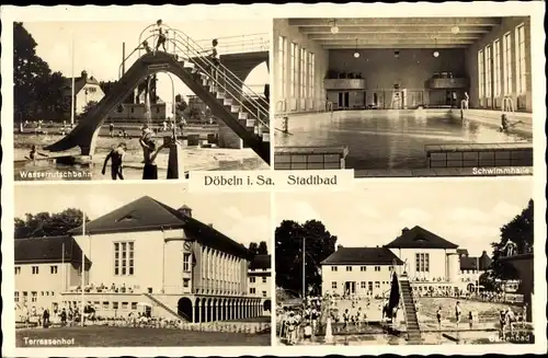 Ak Döbeln in Sachsen, Stadtbad, Schwimmhalle, Gartenbad, Terrassenhof, Wasserrutsche