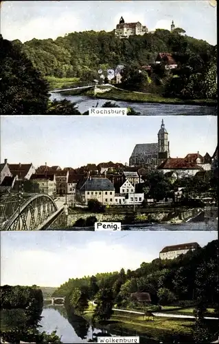 Ak Penig in Sachsen, Blick auf den Ort, Rochsburg, Wolkenburg