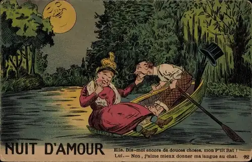 Mondschein Ak Rundliche Frau und ihr schlanker Mann beim Rudern, Nuit d'amour