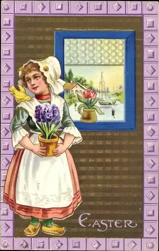 Präge Litho Glückwunsch Ostern, Mädchen mit Küken und Blumen