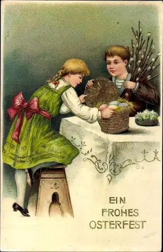 Präge Litho Glückwunsch Ostern, Kinder mit Weidenkätzchen und Ostereiern