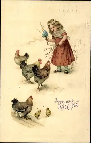 Präge Litho Glückwunsch Ostern, Mädchen mit Weidenkätzchen, Küken, Hühner