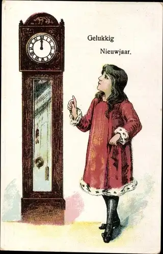 Präge Ak Glückwunsch Neujahr, Standuhr, Mädchen