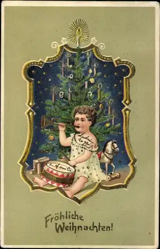 Präge Litho Glückwunsch Weihnachten, Junge mit Trompete und Trommel, Tannenbaum, Schaukelpferd