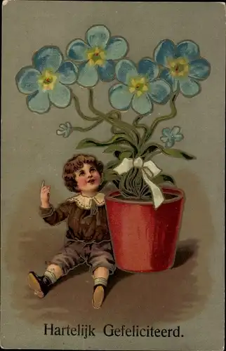 Präge Litho Glückwunsch Geburtstag, Junge sitzt neben einem Blumentopf