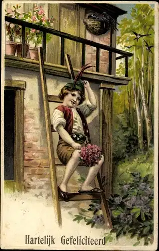 Präge Litho Glückwunsch Geburtstag, Junge in Lederhose auf einer Leiter, Blumenstrauß, Schwalben