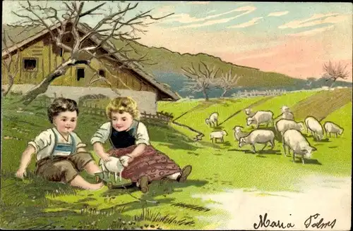 Präge Litho Kinder und Schafe auf einer Wiese