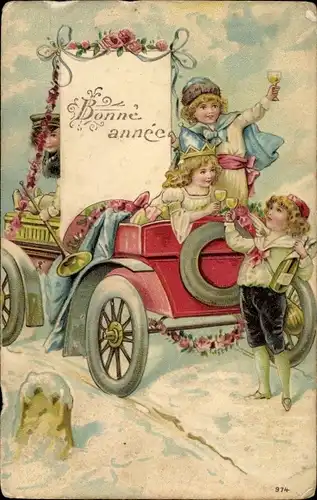 Präge Ak Glückwunsch Neujahr, Kinder mit Sekt, Automobil