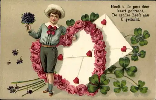 Präge Litho Rosenherz, Kleeblätter, Junge mit Blumenstrauß, Briefumschlag