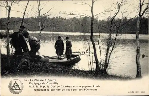 Ak Chantilly Oise, Chasse a Courre, Le Duc de Chartres et son piqueur Louis