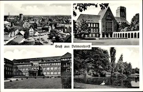 Ak Delmenhorst in Niedersachsen, Stadtansichten, See, Schwan, Gebäude