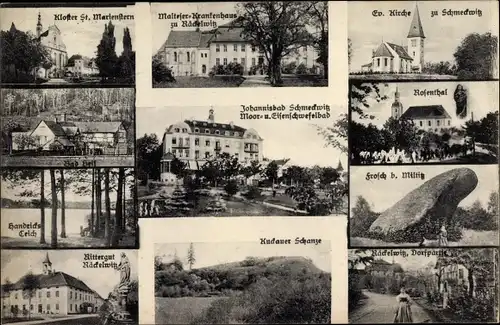 Ak Johannisbad Schmeckwitz Räckelwitz Oberlausitz, Rosenthal, evang. Kirche, Rittergut, Kloster