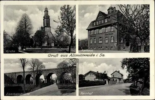 Ak Altmittweida in Sachsen, Rathaus, Kirche, Bahnhof, Eisenbahnbrücke