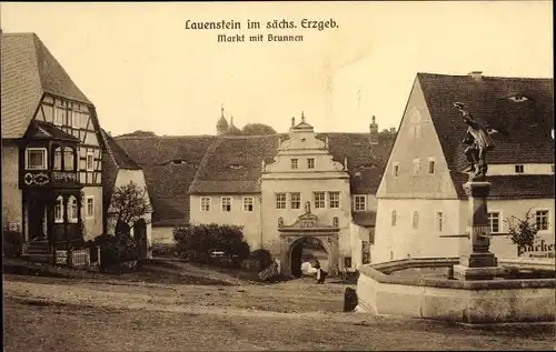 Ak Lauenstein Altenberg im Erzgebirge, Markt, Brunnen, Bäckerei