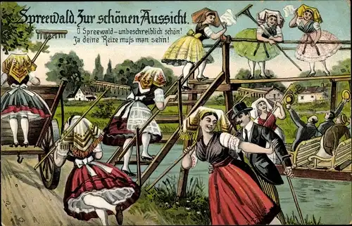 Künstler Ak Spreewald, Zur schönen Aussicht, Frauen in Trachten