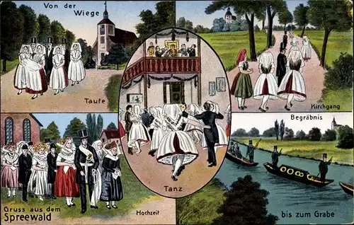 Künstler Ak Gruß aus dem Spreewald, Kirchgang, Begräbnis, Hochzeit, Taufe, Trachten