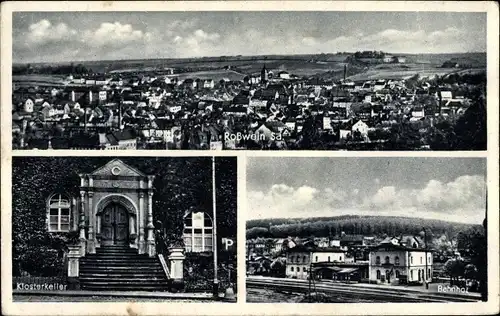 Ak Roßwein in Sachsen, Klosterkeller, Bahnhof, Gleisseite, Blick auf den Ort