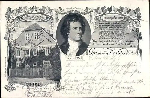 Ak Waldeck in Thüringen, Schriftsteller Johann Wolfgang von Goethe, Portrait, Oberförsterei